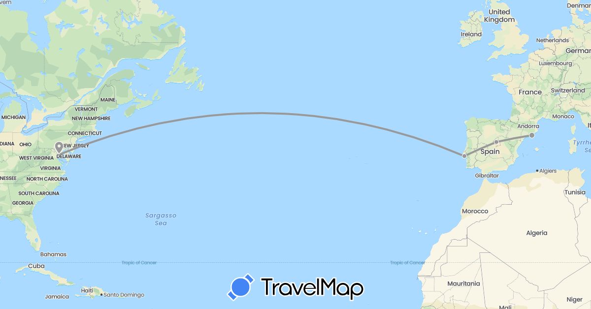 TravelMap itinerary: driving, plane in Spain, Portugal, United States (Europe, North America)